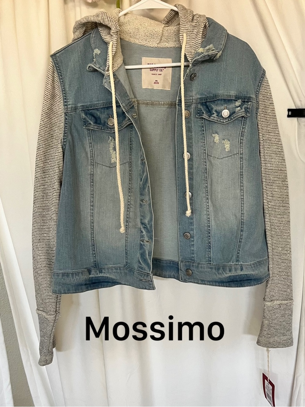Mossimo Supply Co. Women’s/Juniors  Blue Denim Jacket with Gray Hoodie Sleeves